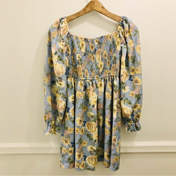 NWT HL Affair Floral Mini Dress Small blue yellow smocked long sleeve - Picture 3 of 12